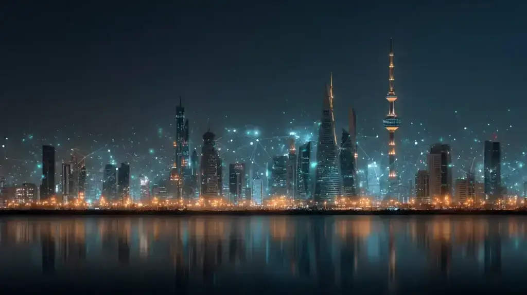 تصور رقمي لأفق مدينة الكويت مع شبكة بيانات ترمز إلى تطورات البلوك تشين