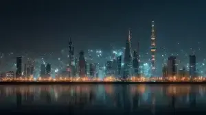 تصور رقمي لأفق مدينة الكويت مع شبكة بيانات ترمز إلى تطورات البلوك تشين