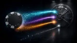 Digital casino chip sending streams of light towards a vault, representing crypto deposits and withdrawals