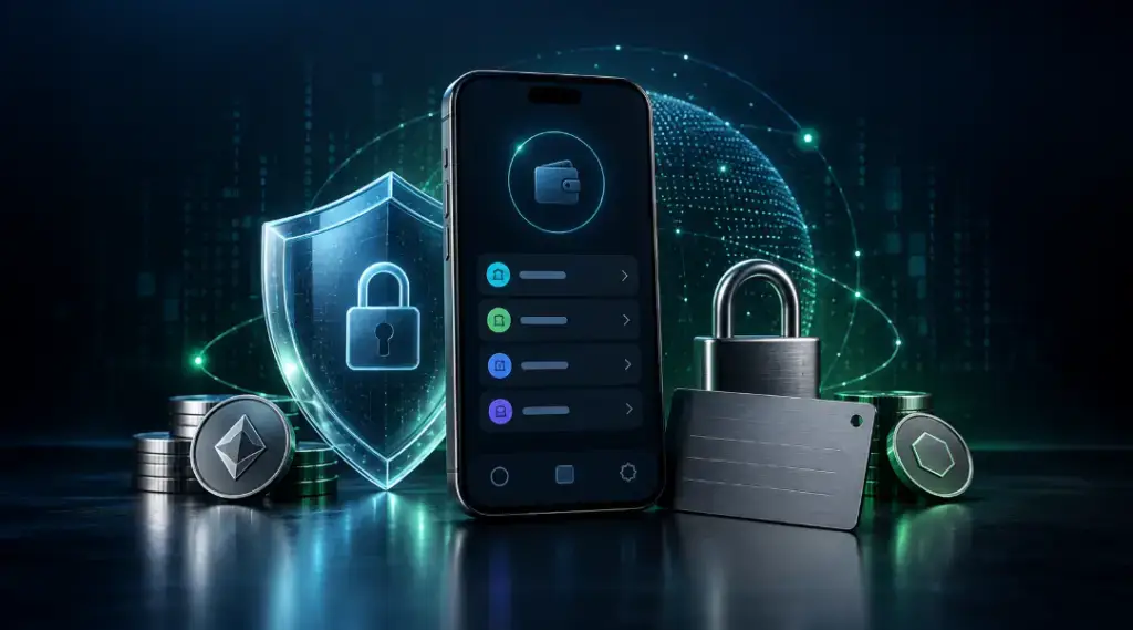 محفظة عملات رقمية على هاتف محمي بعناصر أمان رقمية